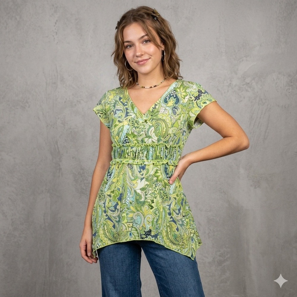 Serenade New York Vintage‎ Y2K Paisley Tunic Top Cap Sleeve Green Large